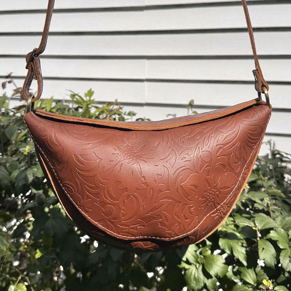 Portland Leather Goods Koala Sling Bag Meadow Embossed Floral Brown Medium